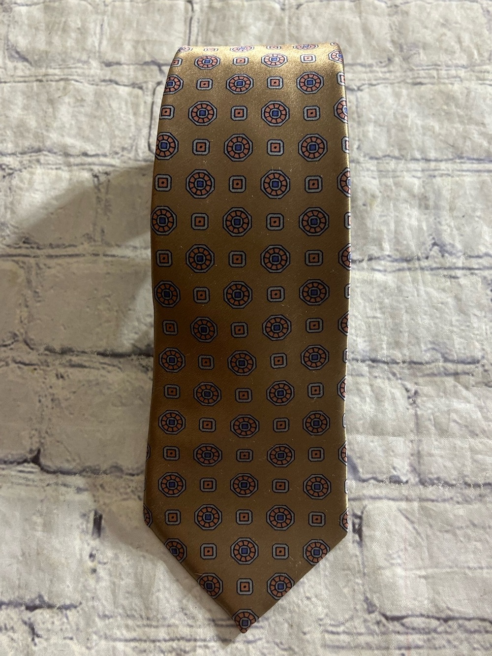 OSCAR DE LA RENTA VTG 100% SILK HAND SEWN HAND BAR-TACKED OLIVE ORANGE BLUE TIE